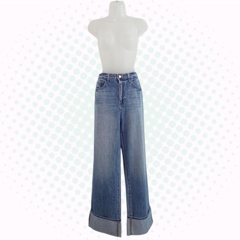 L'Agence Light Wash Miley Ultra High Rise Wide Leg Cuffed Jeans Size 28 (US 6)